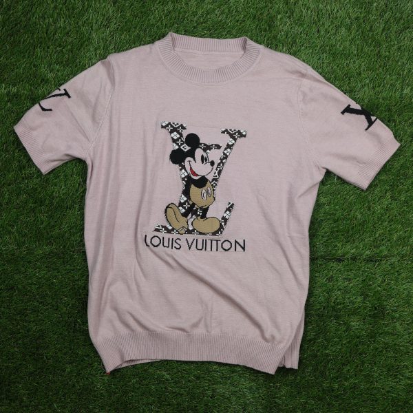 Designer-Inspired Pink Knit Top with Mickey Graphic